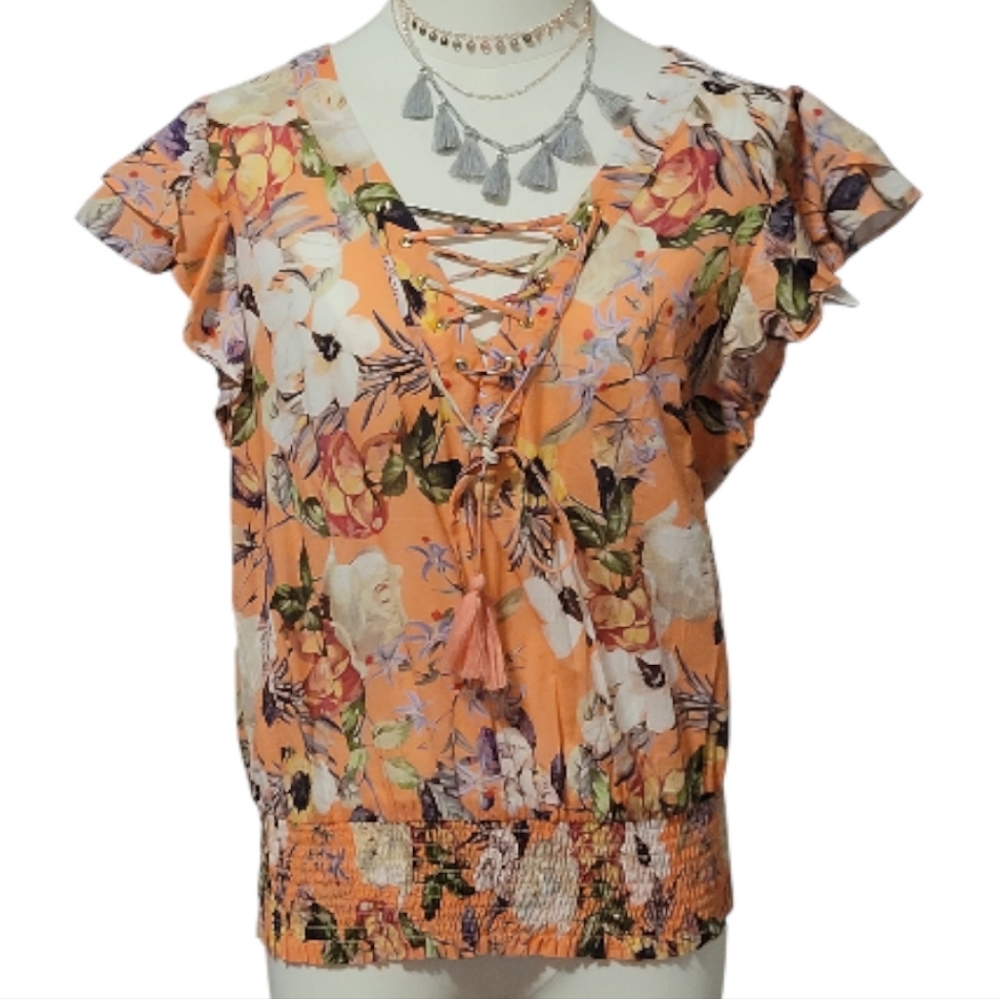 New I.N.C Peach White Hibiscus Floral Ruffle Sleeve Blouse & Tassles Size Large - Picture 3 of 15